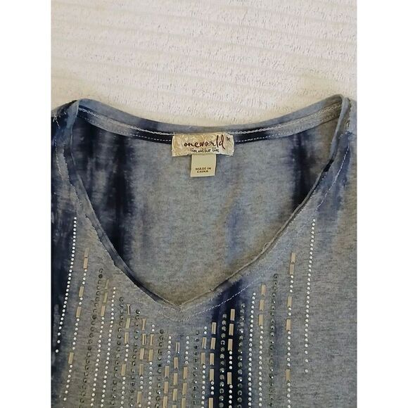 One World Womens Shirt Medium Gray Blue Short Sleeve V Neck Sequin Rayon Tee - Picture 14 of 15